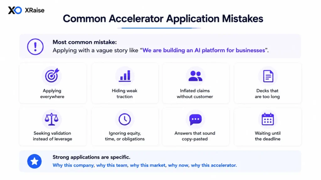 Common mistakes infographic with warning banner, eight application error cards, and final specificity reminder