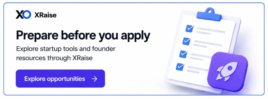 XRaise CTA banner with checklist clipboard, rocket icon, blue border, and Explore opportunities button