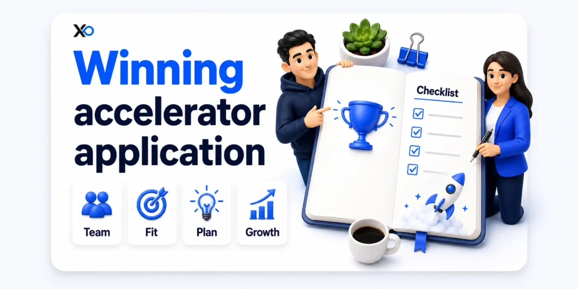 Winning accelerator application banner with founders, checklist notebook, trophy, rocket, and team-fit planning cards