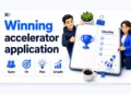 Winning accelerator application banner with founders, checklist notebook, trophy, rocket, and team-fit planning cards