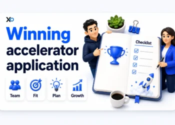 Winning accelerator application banner with founders, checklist notebook, trophy, rocket, and team-fit planning cards