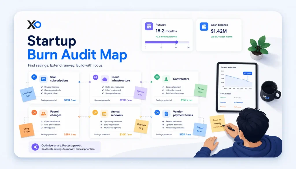 Startup Burn Audit Map with savings cards, runway dashboard, sticky notes, and founder planning workspace