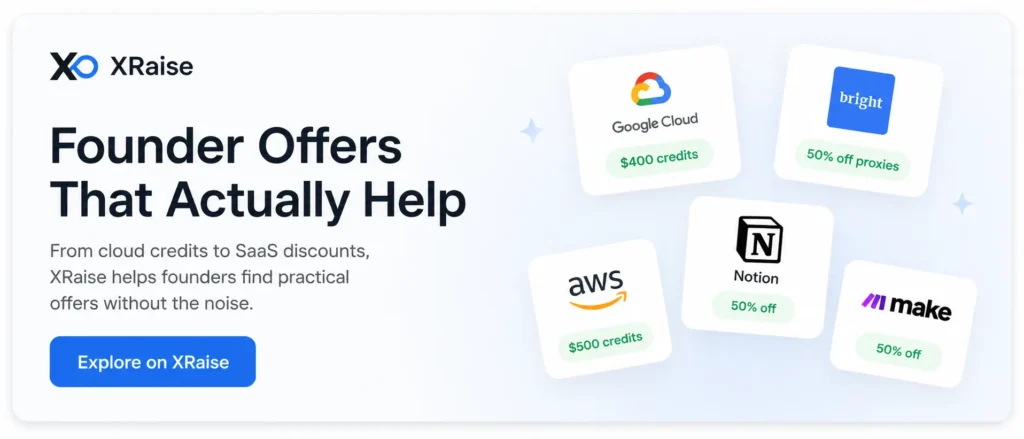 XRaise offer banner with floating SaaS and cloud credit cards, brand logos, and blue CTA