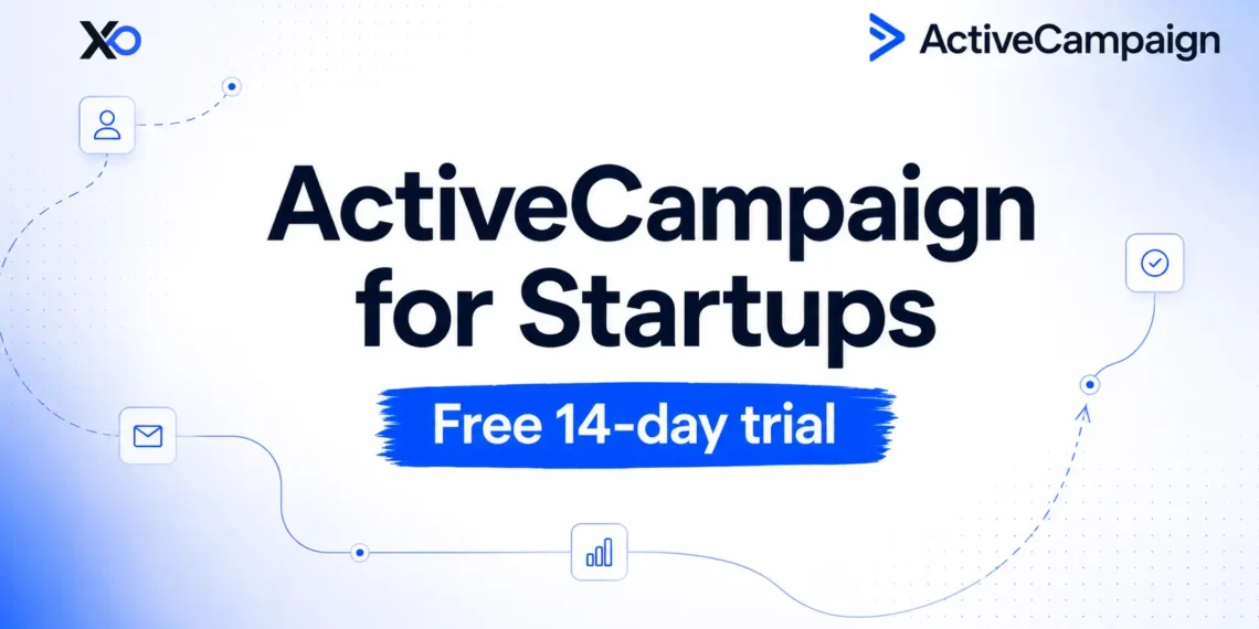 XRaise and ActiveCampaign hero banner with free 14-day trial message and marketing automation workflow icons