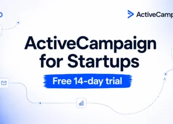 XRaise and ActiveCampaign hero banner with free 14-day trial message and marketing automation workflow icons