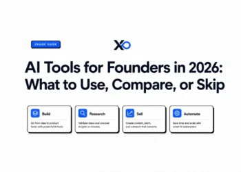 XRaise guide cover showing AI tools for founders in 2026 with categories for build, research, sell, and automate