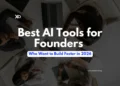 AI tools for founders hero banner with startup team workspace, XRaise branding, and build faster message