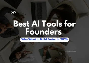 AI tools for founders hero banner with startup team workspace, XRaise branding, and build faster message