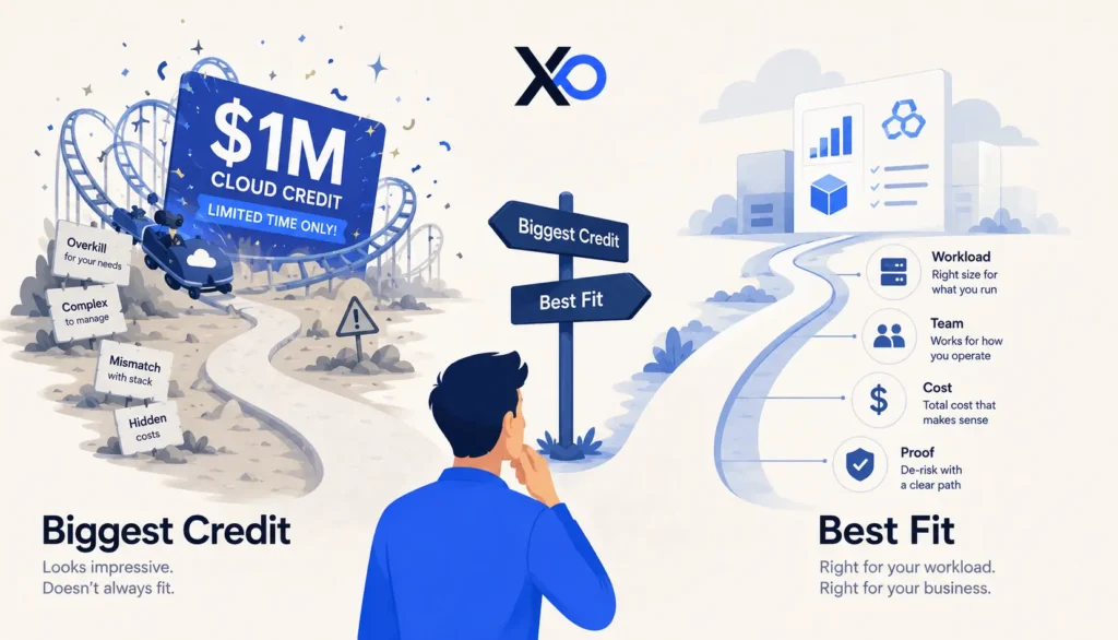 Founder decision visual comparing a risky big-credit path with a best-fit cloud provider path