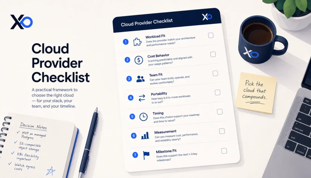 Cloud provider checklist on a workspace desk with workload fit, cost behavior, team fit, portability, timing, and measurement rows