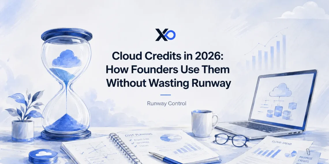 XRaise cloud credits hero image with hourglass, laptop, runway planning notes, and cloud cost control visuals
