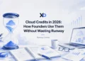 XRaise cloud credits hero image with hourglass, laptop, runway planning notes, and cloud cost control visuals