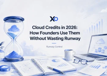 XRaise cloud credits hero image with hourglass, laptop, runway planning notes, and cloud cost control visuals