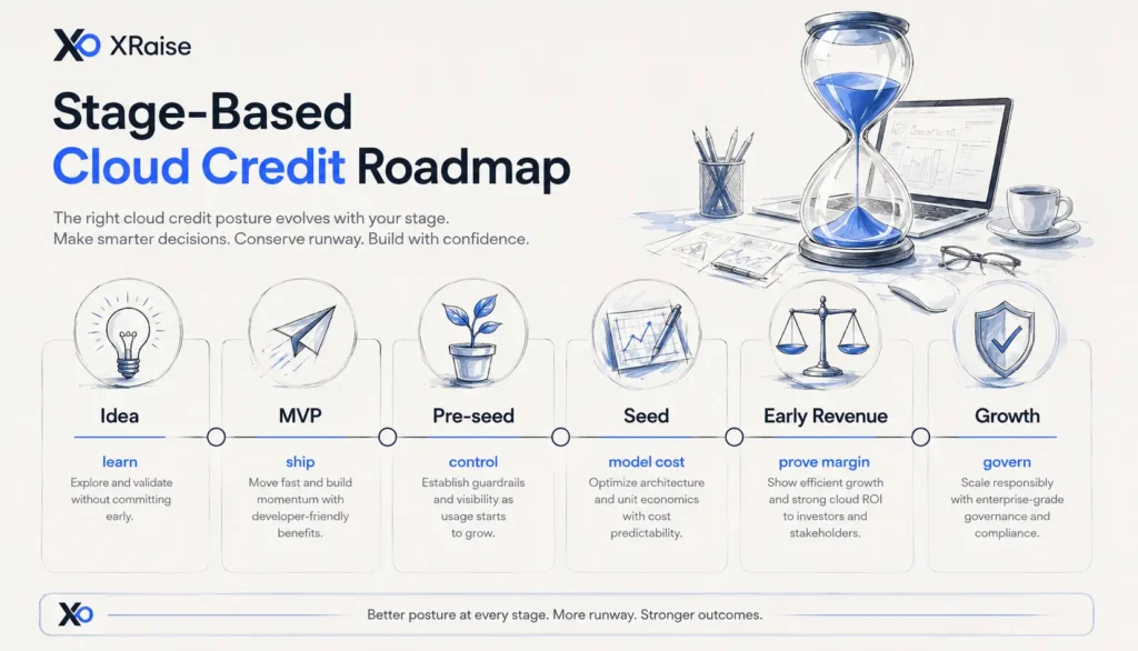 Stage-based cloud credit roadmap showing idea, MVP, pre-seed, seed, early revenue, and growth stages