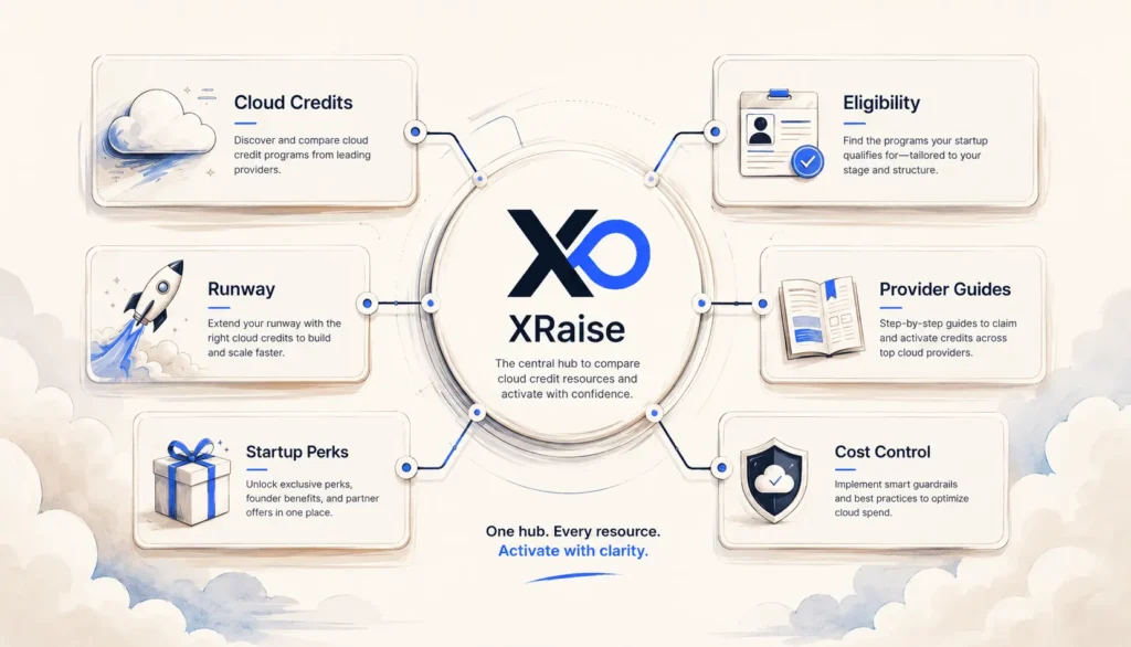 XRaise cloud credits hub visual connecting cloud credits, runway, startup perks, eligibility, provider guides, and cost control