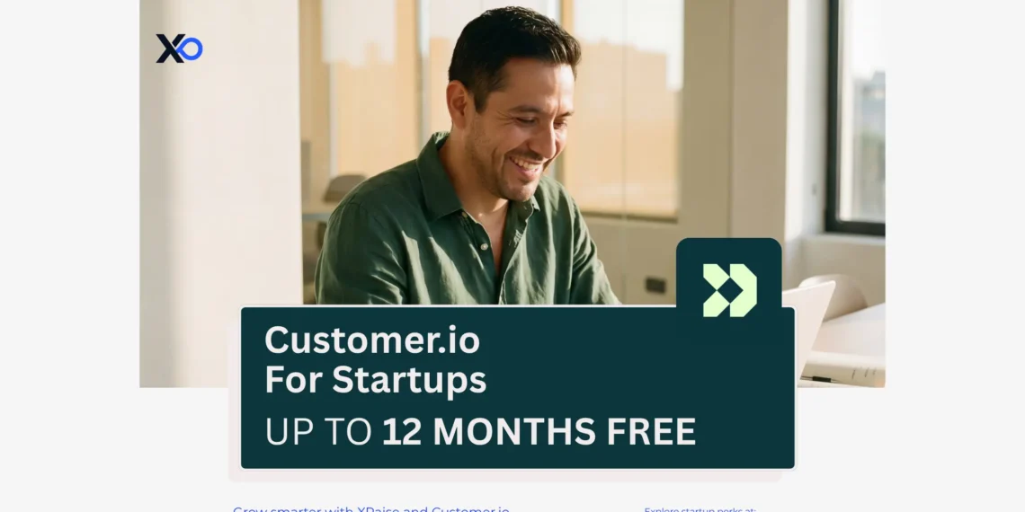 Customer.io for startups banner with founder workspace, XRaise branding, Customer.io logo, and 12 months free message