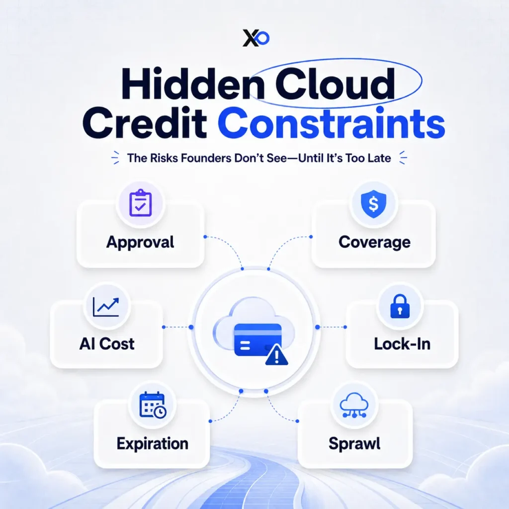 Hidden cloud credit constraints graphic showing approval, coverage, AI cost, lock-in, expiration, and sprawl risks