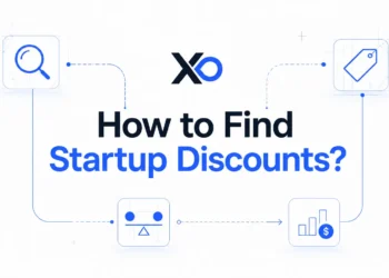 XRaise hero graphic with search, tag, balance, and savings icons around startup discounts headline