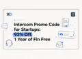 Intercom promo code banner showing startup offer, Fin AI Agent, support icons, help center, and discount details