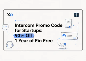 Intercom promo code banner showing startup offer, Fin AI Agent, support icons, help center, and discount details