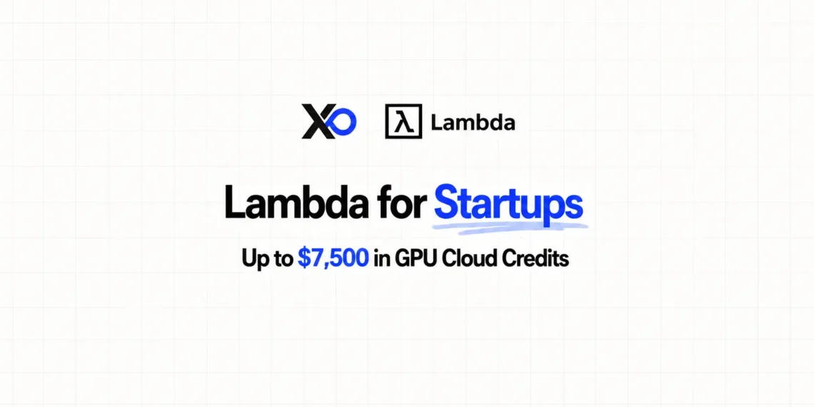 Clean XRaise and Lambda hero banner with GPU cloud credits headline on a white grid background