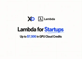 Clean XRaise and Lambda hero banner with GPU cloud credits headline on a white grid background