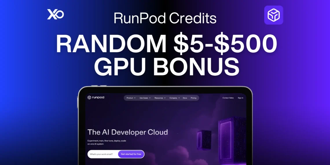 RunPod credits banner showing GPU bonus offer, AI developer cloud interface, and XRaise branding