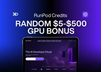 RunPod credits banner showing GPU bonus offer, AI developer cloud interface, and XRaise branding
