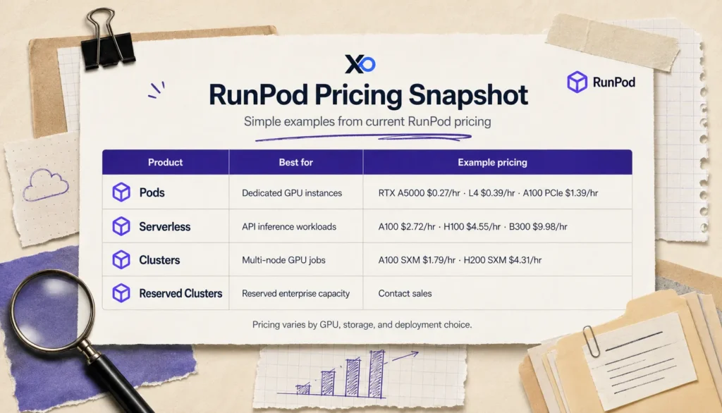 RunPod pricing comparison table showing Pods, Serverless, Clusters, and GPU workload pricing examples