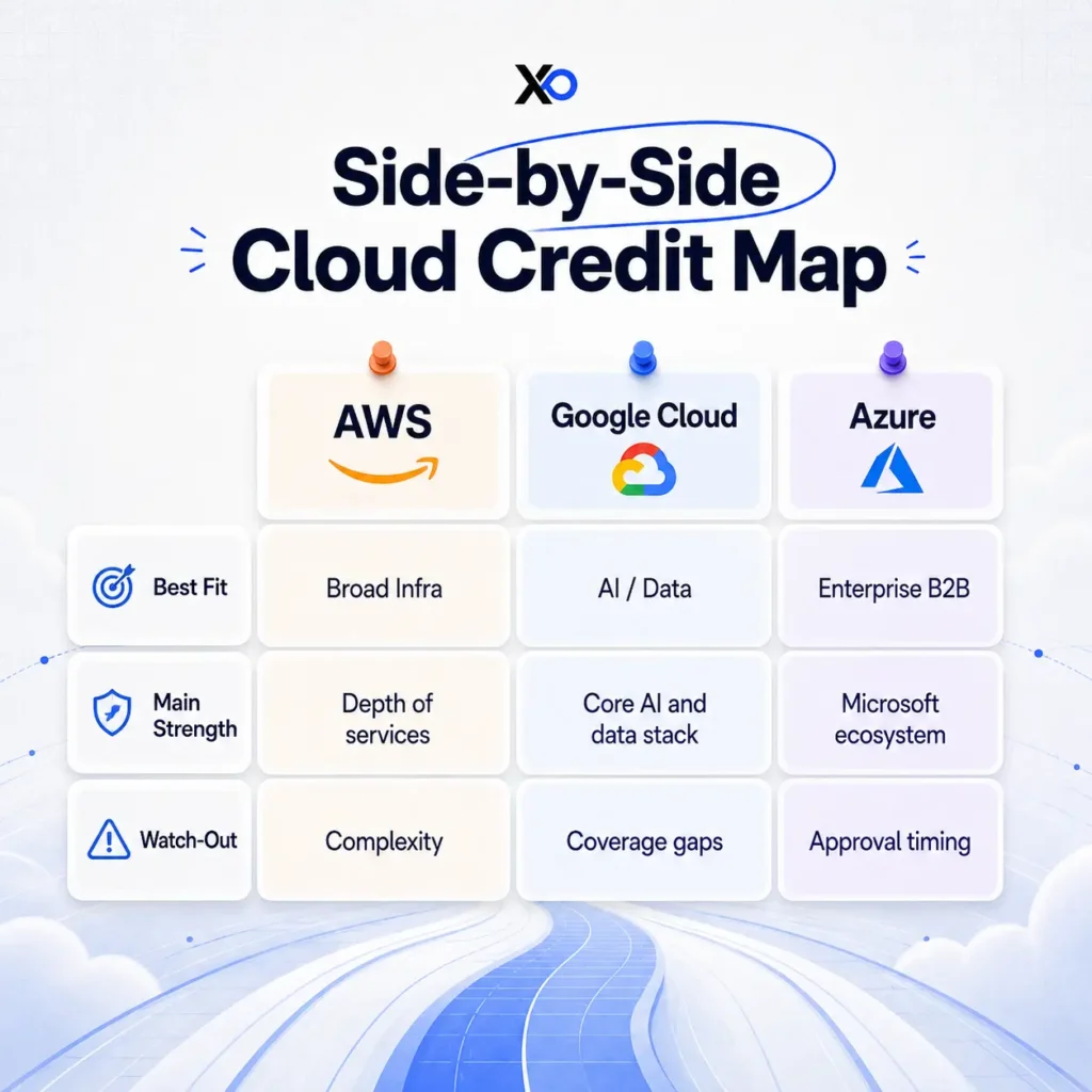 Side-by-side cloud credit map comparing AWS, Google Cloud, and Azure by best fit, strengths, and watch-outs