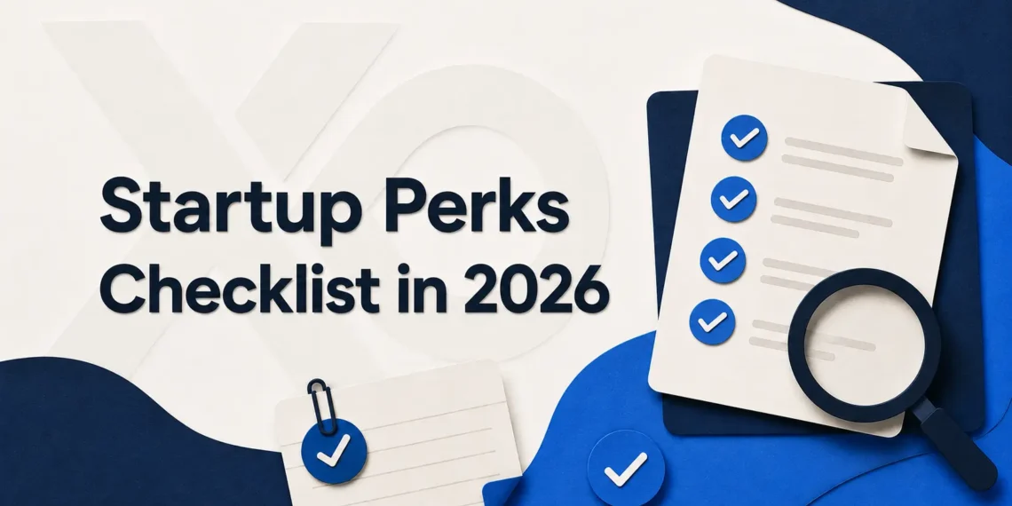 XRaise hero image showing a startup perks checklist with checkmarks, magnifying glass, and blue abstract shapes