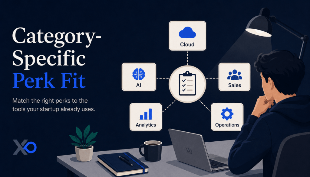 Founder reviewing category-specific perk fit across cloud, AI, sales, analytics, and operations tools