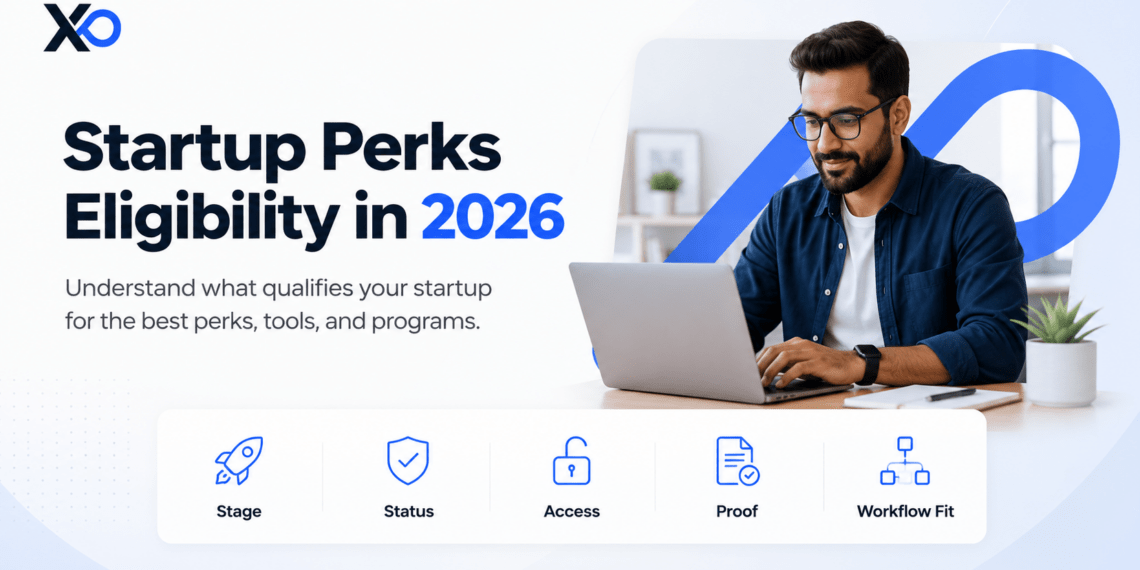XRaise hero image showing a founder using a laptop with startup perks eligibility factors including stage, status, access, proof, and workflow fit