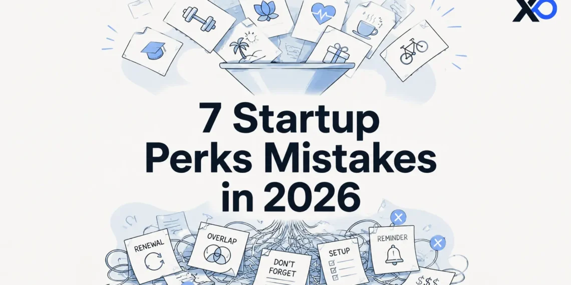 Hero visual for 7 startup perks mistakes in 2026 showing perks above the surface and messy operational costs below