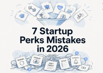 Hero visual for 7 startup perks mistakes in 2026 showing perks above the surface and messy operational costs below