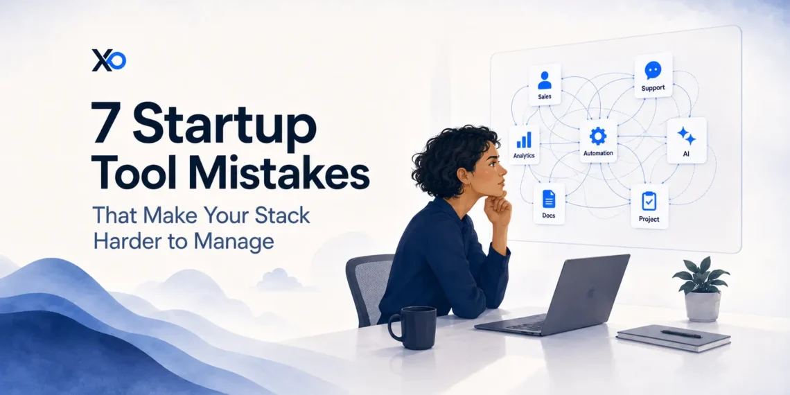 Founder reviewing a tangled startup tool stack map with sales, support, automation, AI, docs, and project cards