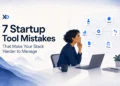 Founder reviewing a tangled startup tool stack map with sales, support, automation, AI, docs, and project cards