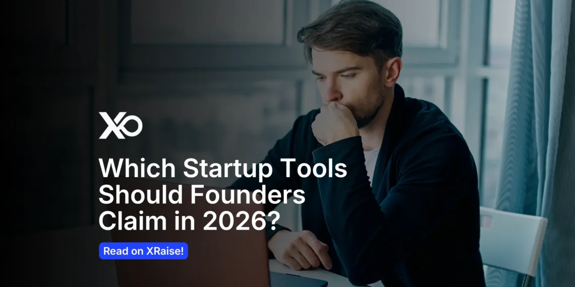 Founder working on a laptop with XRaise branding and text about choosing a startup tool stack in 2026