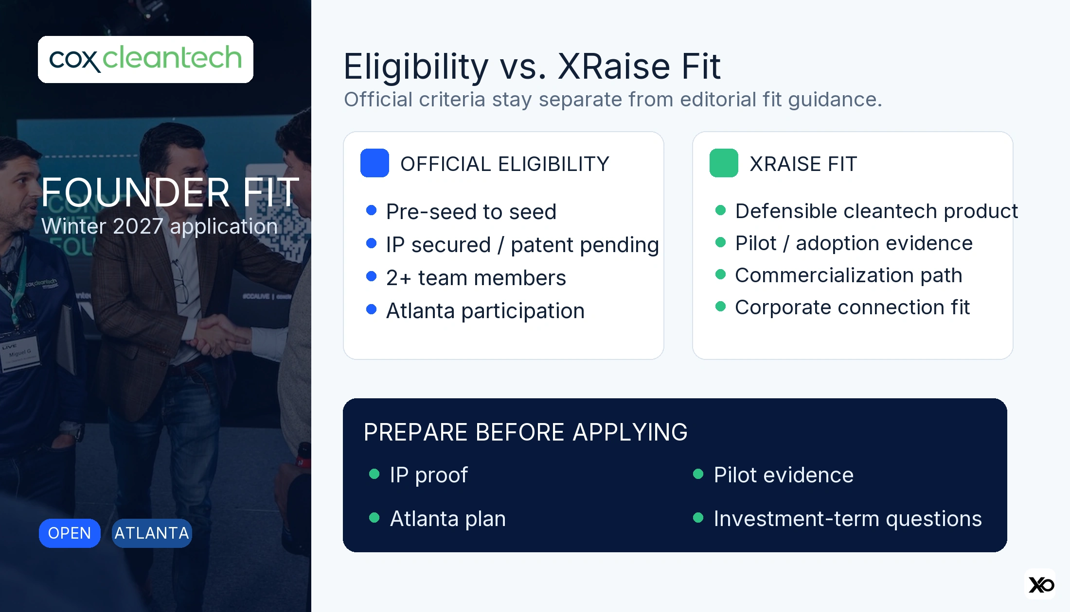 Cox Cleantech Accelerator official eligibility XRaise founder fit and preparation framework