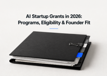 Editorial grant evaluation visual for AI startup grants, eligibility, programs, and founder fit in 2026.