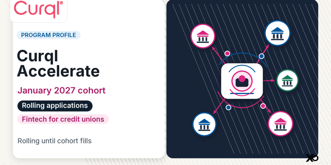Curql Accelerate January 2027 accelerator hero showing rolling application status for fintech startups serving credit unions