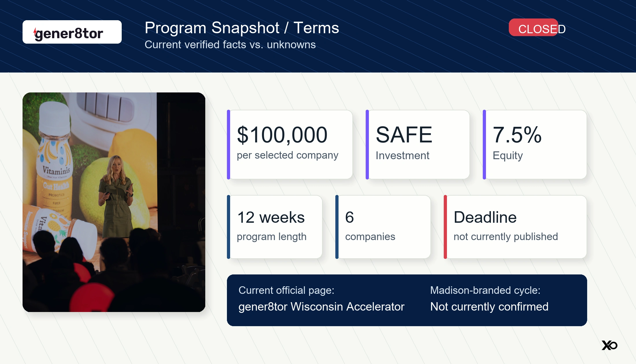 gener8tor Madison Accelerator program snapshot with investment equity SAFE duration and status
