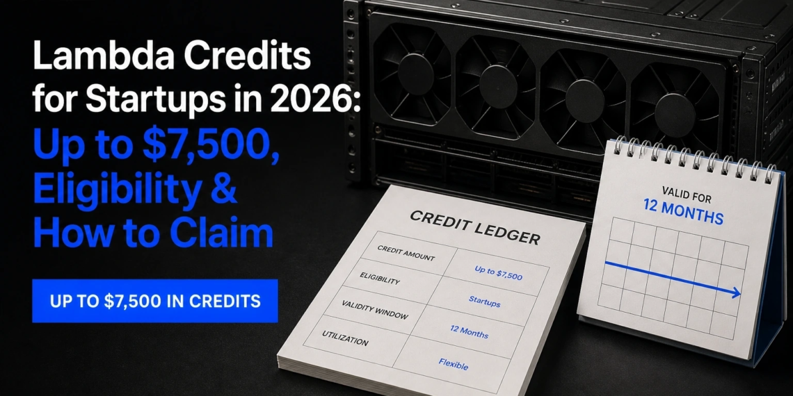 Editorial GPU server and credit ledger representing Lambda startup credits and a 12-month usage decision.
