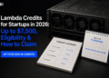 Editorial GPU server and credit ledger representing Lambda startup credits and a 12-month usage decision.