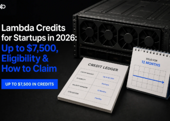 Editorial GPU server and credit ledger representing Lambda startup credits and a 12-month usage decision.