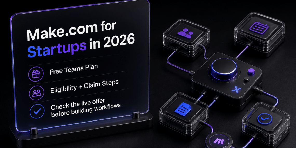 Make.com startup offer hero with a physical automation object system and Free Teams Plan label.