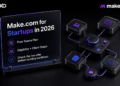 Make.com startup offer hero with a physical automation object system and Free Teams Plan label.