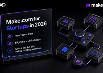 Make.com startup offer hero with a physical automation object system and Free Teams Plan label.