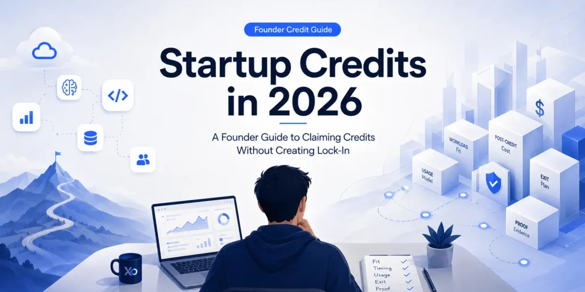 Founder workspace illustration with startup credits in 2026 headline and checklist for claiming credits without creating lock-in