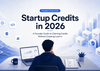 Founder workspace illustration with startup credits in 2026 headline and checklist for claiming credits without creating lock-in